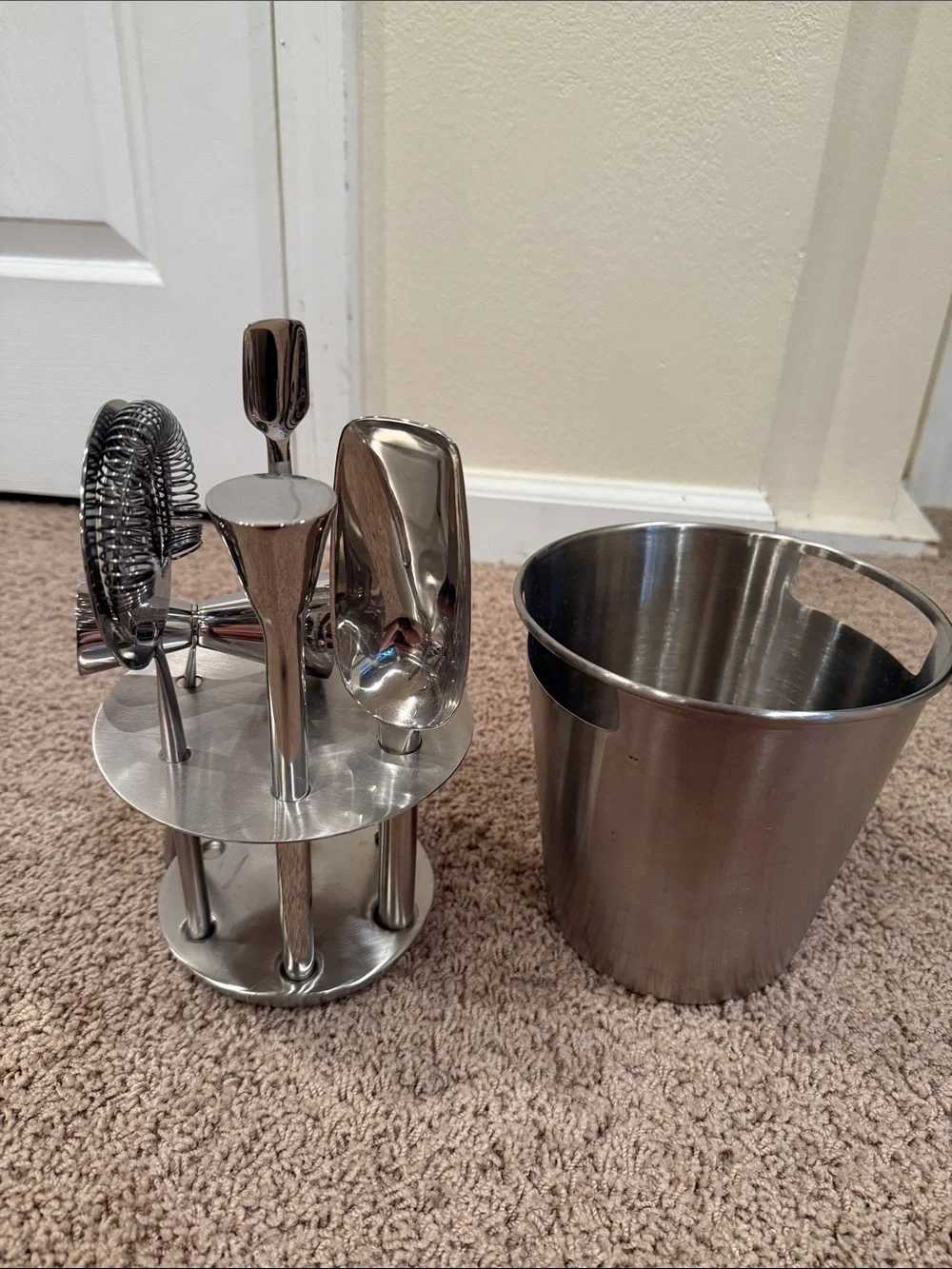 Crate & Barrel Stainless Steel Bar Tool Set with Ice Bucket